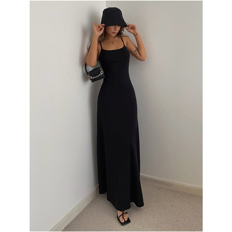 Sommer Schwarzes Kleid Damen Trägerkleid Ärmellos Koreanische Mode Grau Hosenträger Einfaches Temperament Longuette Rock Kleid
