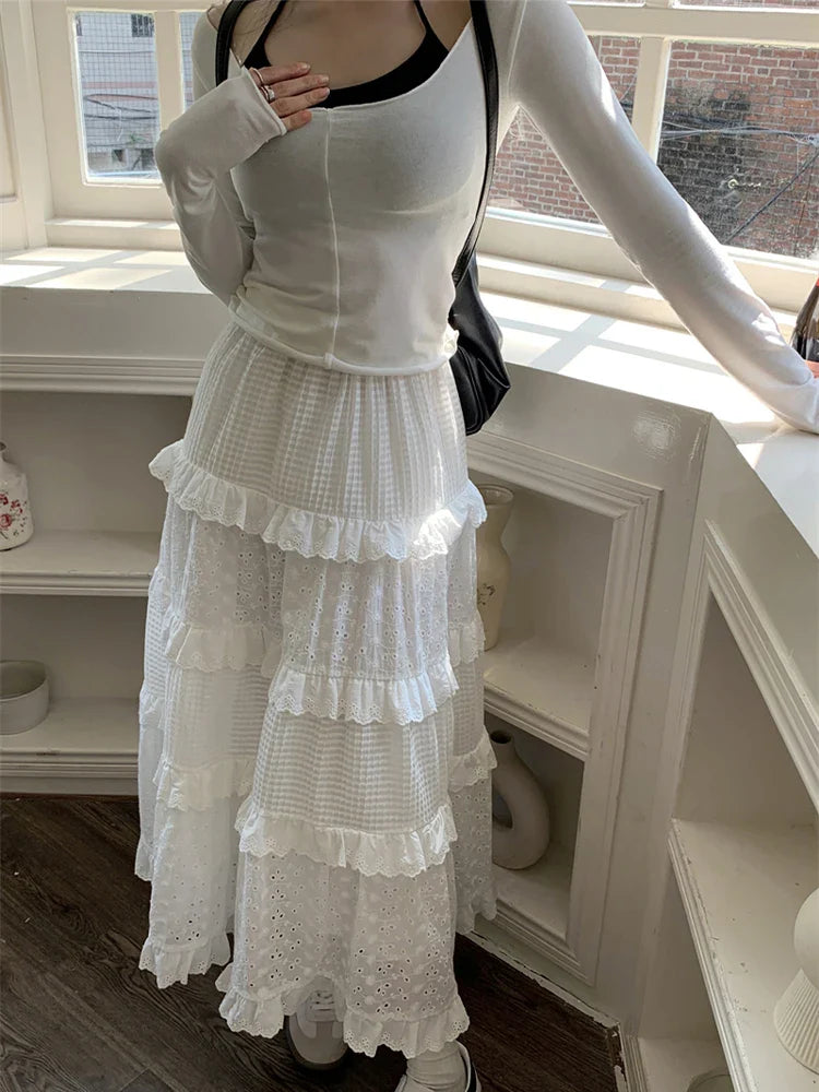Fairycore Weißer Langer Rock Frauen Cutecore Aushöhlen Haken Floral Patchwork Rüschen Hohe Taille A-linie Maxi Rock Mori Mädchen
