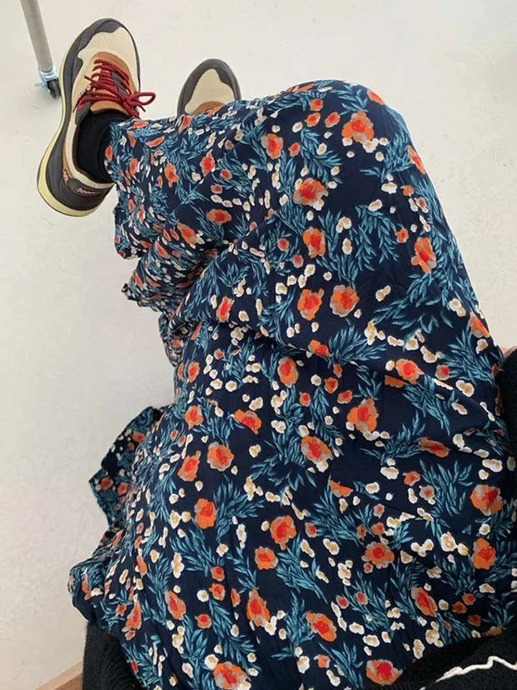 Vintage Blau Blume Drucken Rock für Frauen Sommer Neue Hohe Taille A-linie Röcke Faul Alle-spiel Mid-länge lose Faldas Mujer