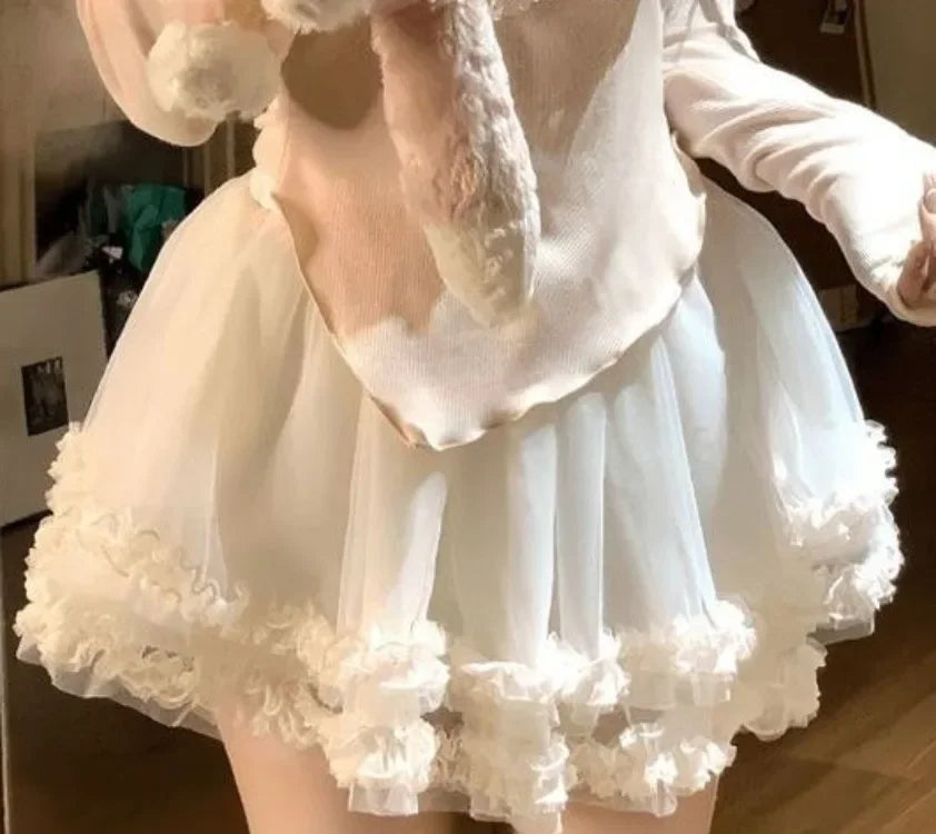 Sweet Butterfly Off Shoulder Long Sleeve Tops Women+ High Waist Ruched Fungus Cake Skirts 2024 Summer New Two Piece Sets