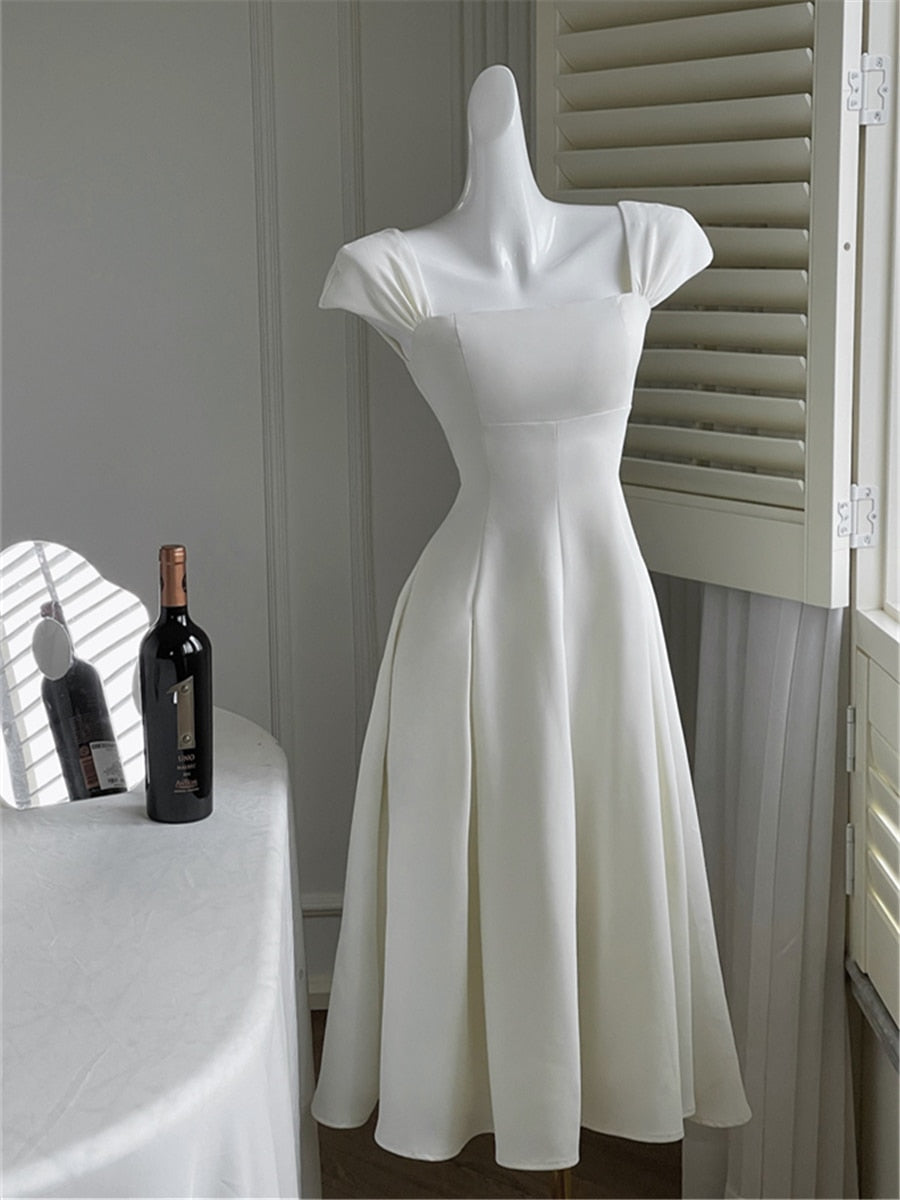 Elegant Midi Dress Women Summer New Fashion Evening Party Ladies Vestidos Vintage Slim Clothes Female Korean White Dresses