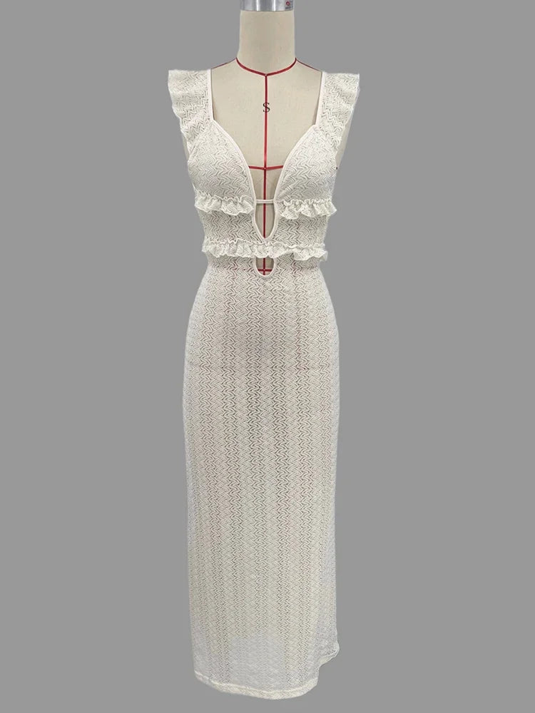 Deep V Neck Sexy Dresses Women Sleeveless See Through High Waist Long Cover Up Dress Femme Holiday Knitted Beach Dress