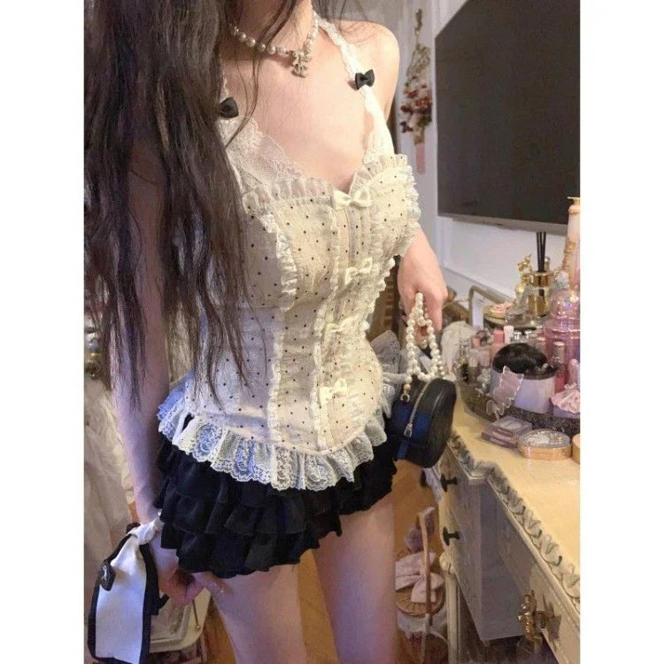 Elegante Süße Bogen Spitze Patchwork Leibchen Tops Frauen + Y2k Mode Geraffte Rüschen Röcke 2024 Sommer Neue Zwei Stück Sets