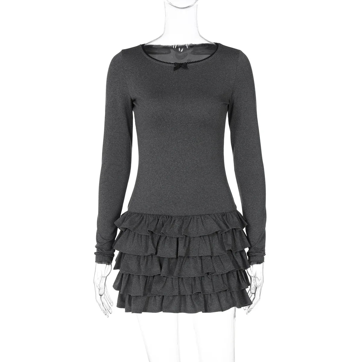 Fashion Ruffled Mini Dress For Women O Neck Bows Frill Dress Slim Long Sleeve Club Casual Party Dress Vestido 2025 New