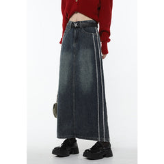 Back to school Spring Vintage Blue Women Denim Skirt Streetwear American Style Casual High Waist Ladies Slit Jean Medium and Long A-line Skirt