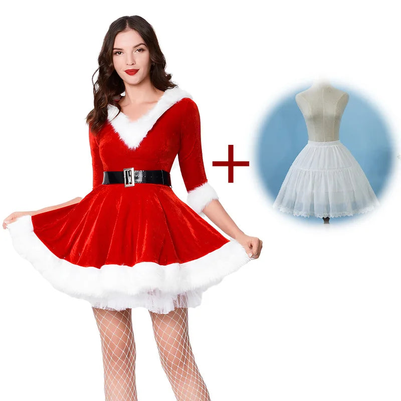 Neue Mode Frauen Halbarm Solide Beliebte Damen Weihnachtsmann Weihnachten Thema Kostüm Cosplay Outfit Gürtel Ausgefallenes Weihnachtskleid