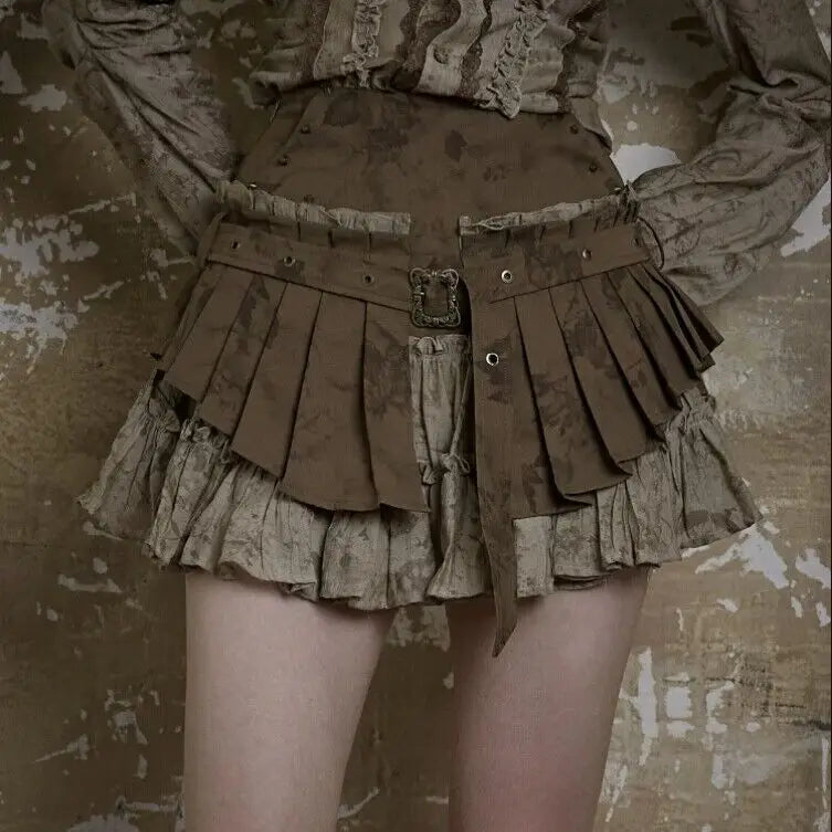 Fashion Heavy Vintage Ruched Skirt for Women 2024 Summer New High Waist Skirts Y2k Fake Two Piece All-match Faldas Mujer