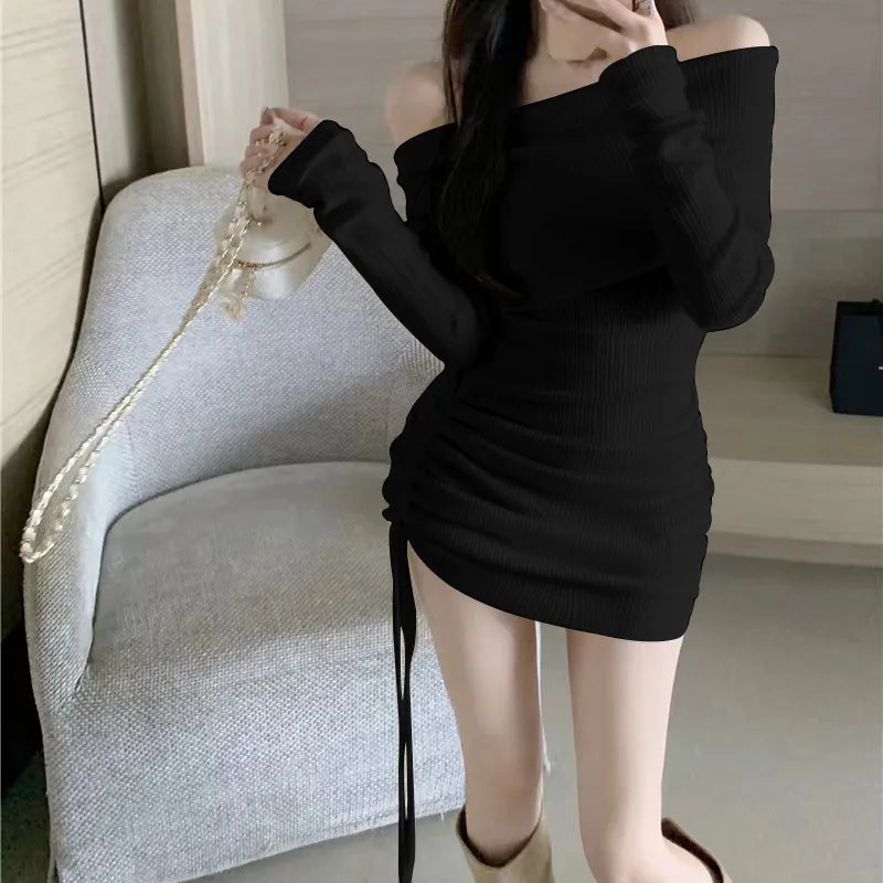 Autumn and Winter New Apricot Off Shoulder Slim Fit Pleated Mini Dress Women's Long Sleeve Sexy Dresses Bodycon Hip Wrap Skirt
