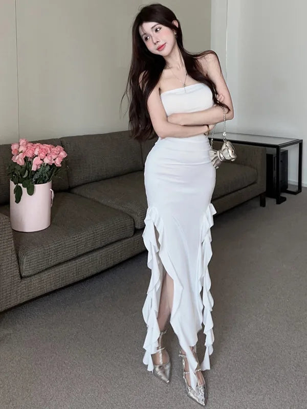 Weiße Robe Langes Kleid Elegante 2025 Sexy Off Schulter Schlank Eingewickelt Brust Split Mid Länge Kleid Mode Koreanische Frauen Tops H8OG