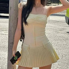 Fairy Cottage Spaghettiträger Slim Fit Faltenrock 90er Vintage Elegantes Korsett Minikleid Y2K Aesthetic Chic Damen Streetwear