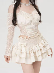 Zweiteiliges Set für Damen, Sommer, süß, elegant, Kuchen-Minirock-Set, Vintage, französischer Kawaii-Rock, weibliche Langarm-Bluse mit schmaler Spitze und Schleife