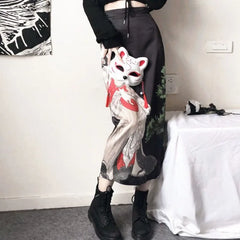 Harajuku Vintage Print A-line Skirt for Women Summer New High Waist Loose Skirts Y2k Grunge Mid-length Split Faldas Mujer