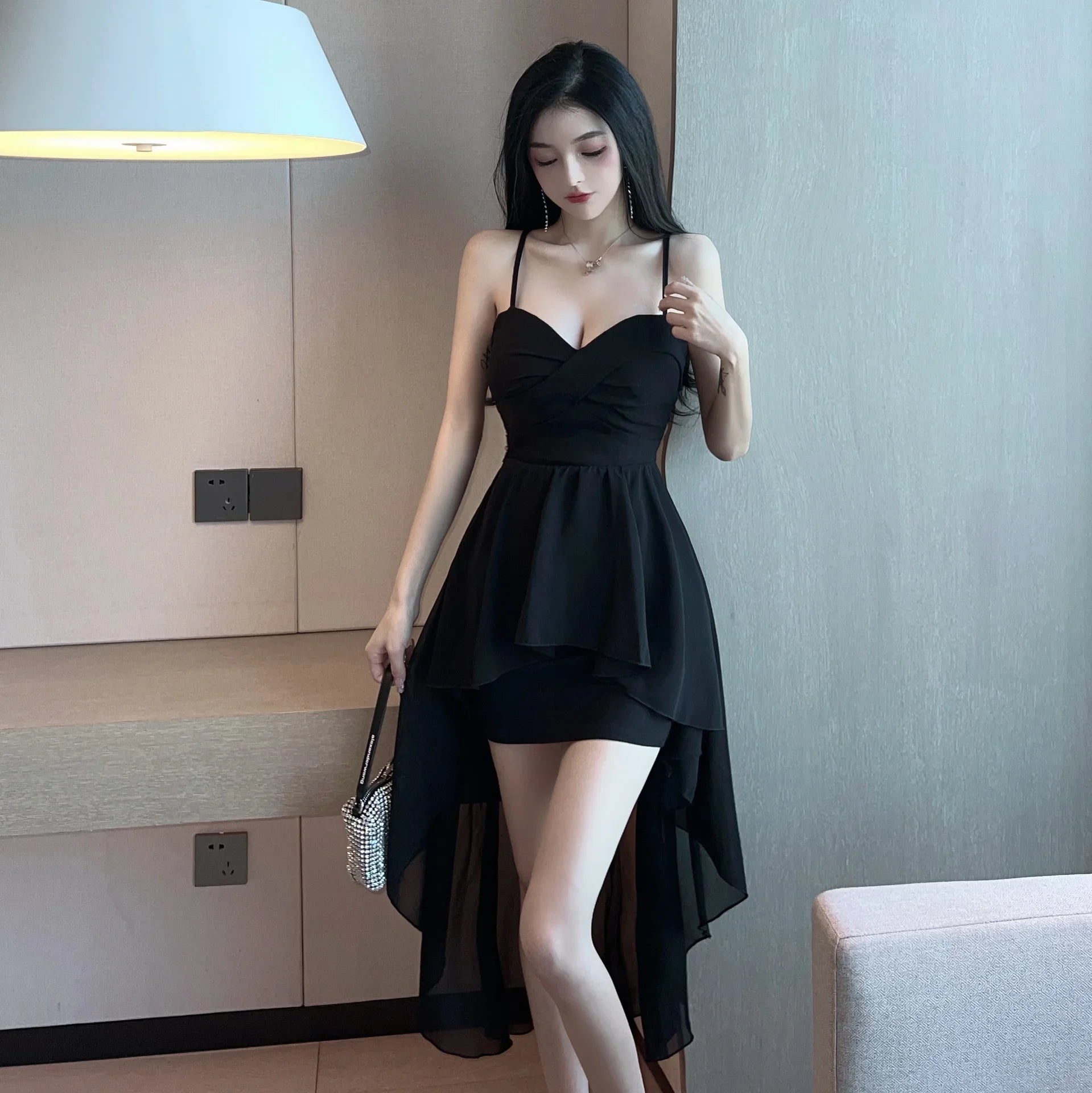 2025 Summer Women's New Sexy Sweet Irregular swing Swallowtail Slim sling Mid length Purity fashion Solid Color Dress ILGM