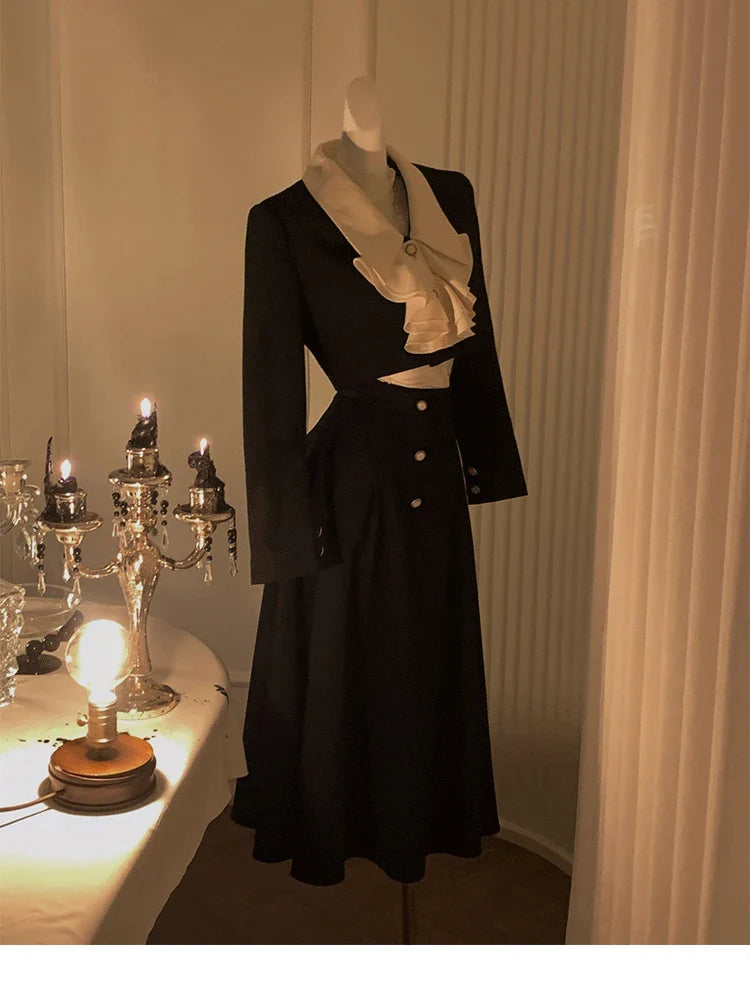 Korean Skirt Suit 2022 Autumn Elegant 2 Piece Set Office Lady Long Sleeve Short Coat + Blue Midi Skirt Outfits Woman Slim Retro