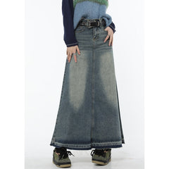 Back to school Women Blue Denim Half Body Skirt Gradient High Waist Tassels Casual Korean Mid Length Bottoms Baggy Vintage Female Long Skirt