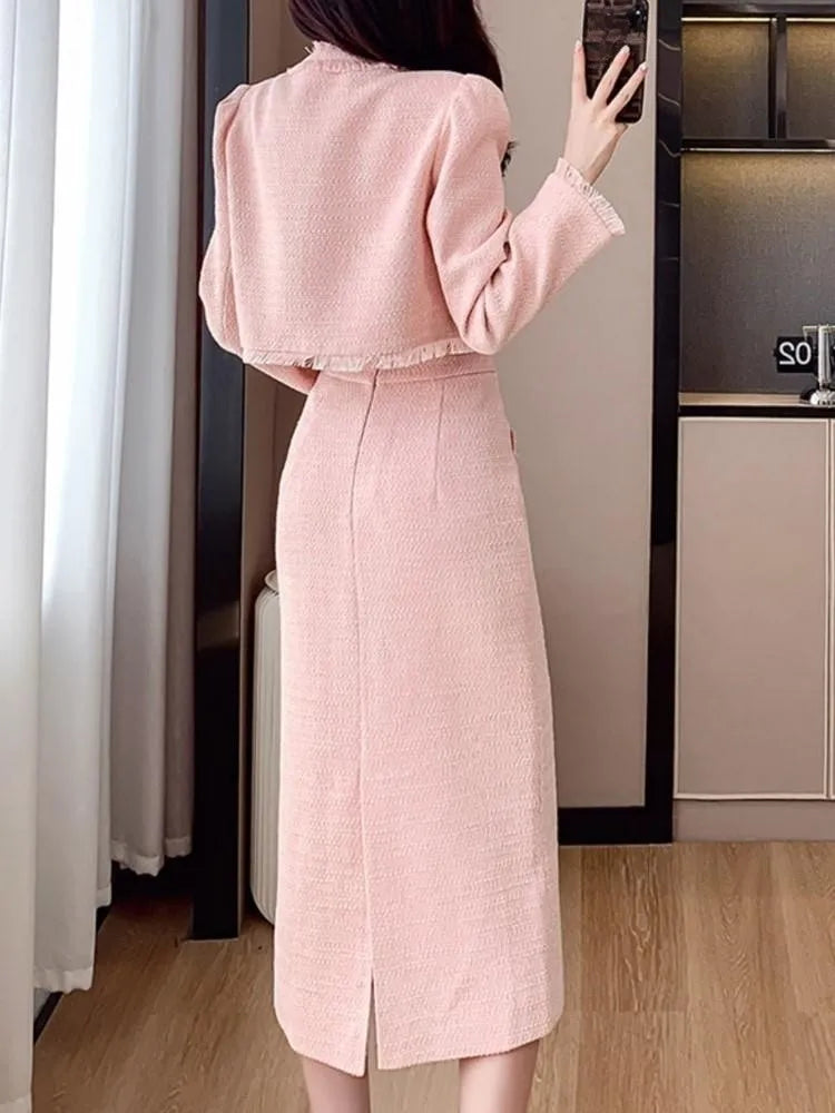 Französisch Elegante Frauen Rosa 2 Stück Set 2025 Herbst Quaste Langarm Mantel A-linie Chic Midi Rock Frühling Y2k Dame kleid Anzüge
