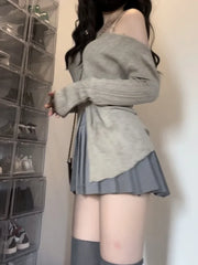 Koreanischer einfacher schulterfreier Slim Fit-Strickpullover + Y2k E-Girl-Röcke mit hoher Taille und gerafften Zweiteilern im Herbst 2024