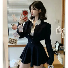 Preppy Style Vintage-Mode Anzug Frau Weißes Hemd + Kurzmantel Hohe Taille Schlank Y2k Minikleid Japanisches Elegantes Set 2025 Chic