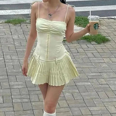 Fairy Cottage Spaghettiträger Slim Fit Faltenrock 90er Vintage Elegantes Korsett Minikleid Y2K Aesthetic Chic Damen Streetwear