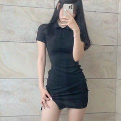 Polo Basic Minikleid Grau Schlank Einteiler Korea Revers Kleider Für Frauen 2022 Sommer Kurzarm Schlitzrock Sexy Mantel Outfits