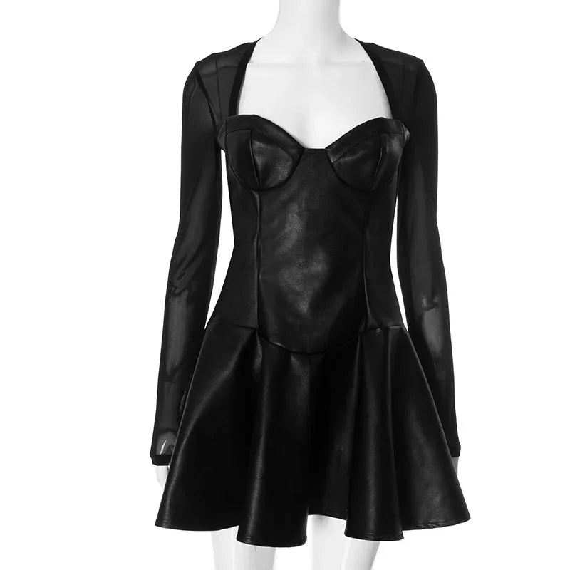 Black Leather Mesh Splice Dress For Women Plunge Bodycon Sexy Short Dress Long Sleeve Club Casual Party Fold Dress Ladies