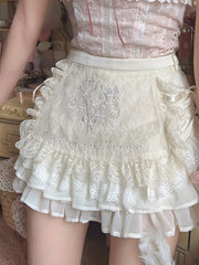 Kawaii Minirock mit Blumenstickerei, Spitze, Patchwork, A-Linie, Lolita-Rock für Damen im japanischen Stil, Cutecore, Röcke mit hoher Taille