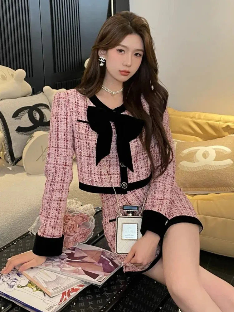 2024 autumn winter Small Fragrance Tweed Two Piece Set Women Short Jacket Coat + Skirt Suits Korean 2 Piece Sets Women Outfit