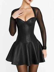 Black Leather Mesh Splice Dress For Women Plunge Bodycon Sexy Short Dress Long Sleeve Club Casual Party Fold Dress Ladies