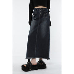 Frauen Blue Denim Halbkörperrock Farbverlauf Hohe Taille Lässig Koreanische Mode Mittellange Unterteile Baggy Vintage Weiblicher Langer Rock