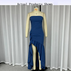 Party Long Dress Elegant Solid Strapless Sleeveless Backless Pleated Ruffled Irregular Nipped Waist Slim Evening Skirts