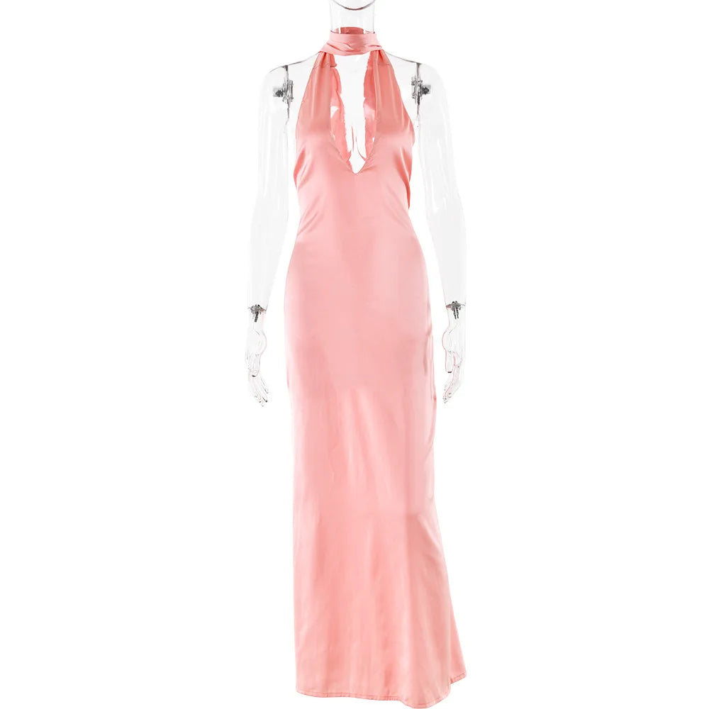 2025 Halter Strap V-Neck Long Dress Women's Sexy Hot Girl Backless Slim Party Dresses Elegant Satin Evening Party Maxi Dress