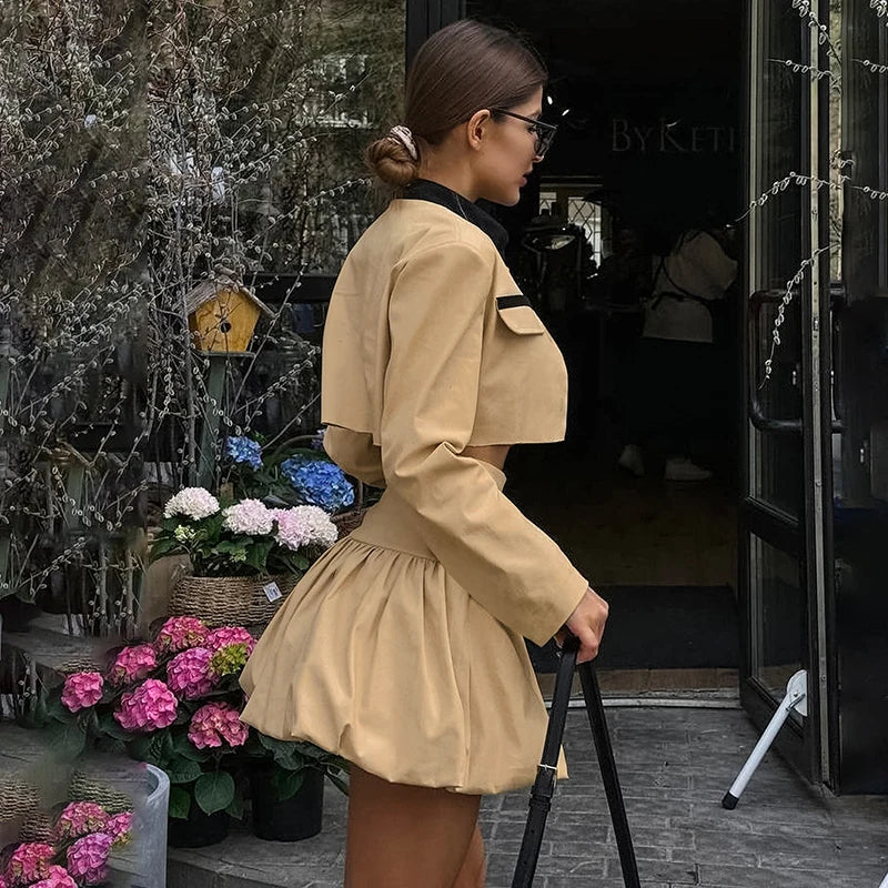 Herbst Neue Nabel Knospe Rock Anzug frauen Revers Langarm Kurze Strickjacke Mode Streetwear Schlank Passenden Sets Weibliche