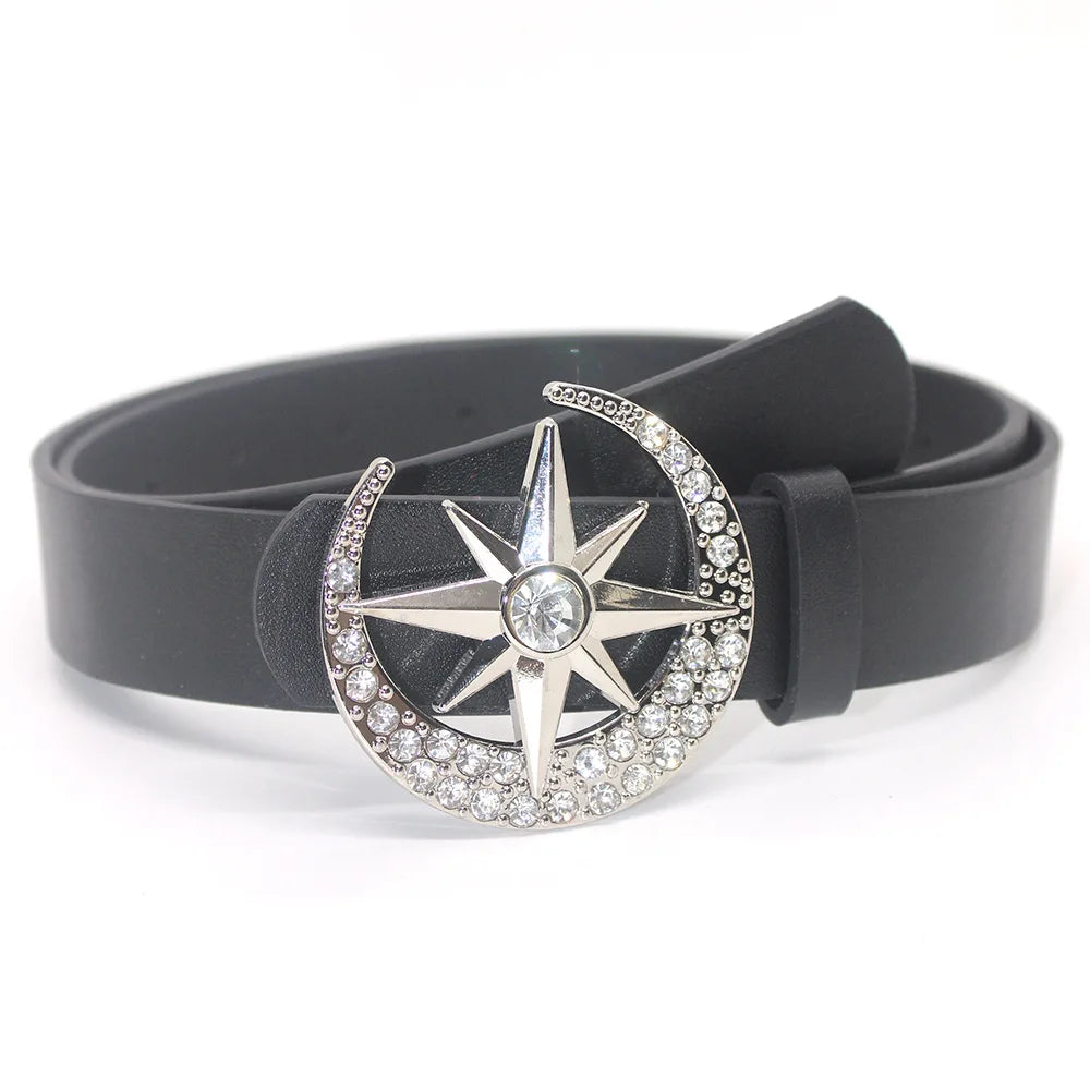 Goth Luxusmarke Neues PU-Leder mit Diamanten eingelegt Sternenmond Knopfkopfgürtel für Damen Jeansrock Punk Y2k Accessoires