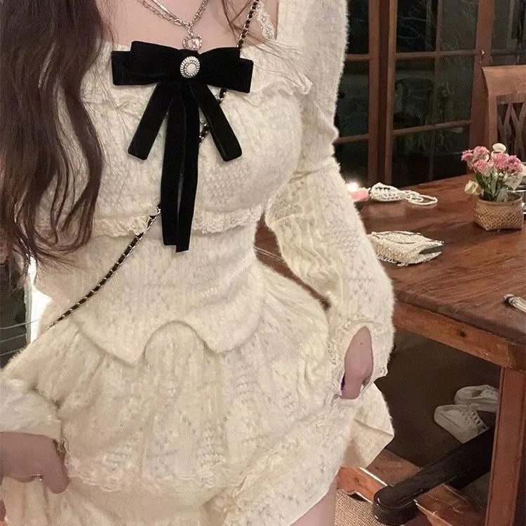 Frühling Sommer Neue Zweiteiler Elegante Samtspitze Quadratischer Kragen Slim Fit Tops Damen + Y2k Hohe Taille Geraffte A-Linie Röcke