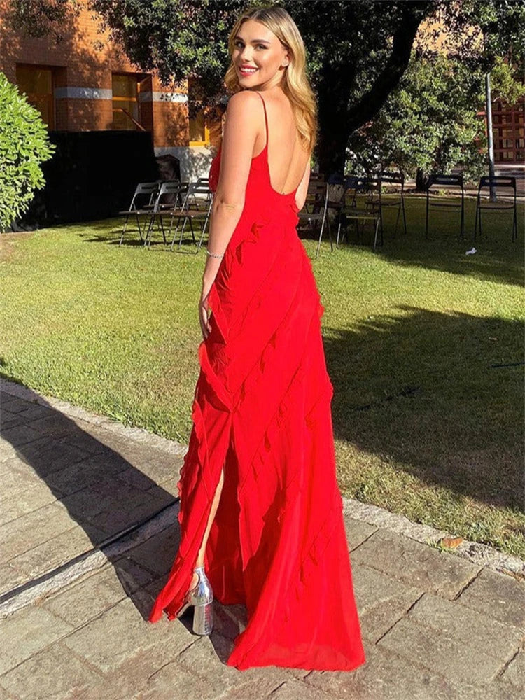 Tierred Maxi Dress For Women Spaghetti Strap Side Split Hollow Out Loose Women's Evening Dress Backless Sexy Dresses