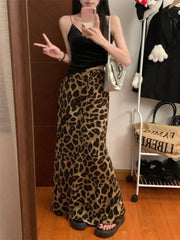 Vintage Schwarz Leopard Print Slim Fit Rock für Frauen Y2k Hohe Taille Fischschwanz Röcke 2024 Sommer Neue Mid-länge Faldas Mujer