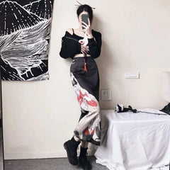 Harajuku Vintage Print A-line Skirt for Women Summer New High Waist Loose Skirts Y2k Grunge Mid-length Split Faldas Mujer