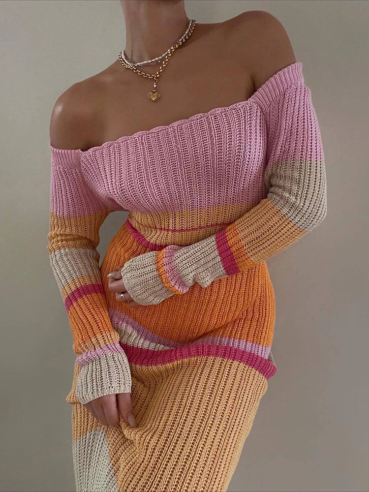 Striped Knitted Autumn Dress 2022 Women Sexy Long Sleeve Bodycon Maxi Dresses Femme Y2K Holiday Beach Party Vestidos