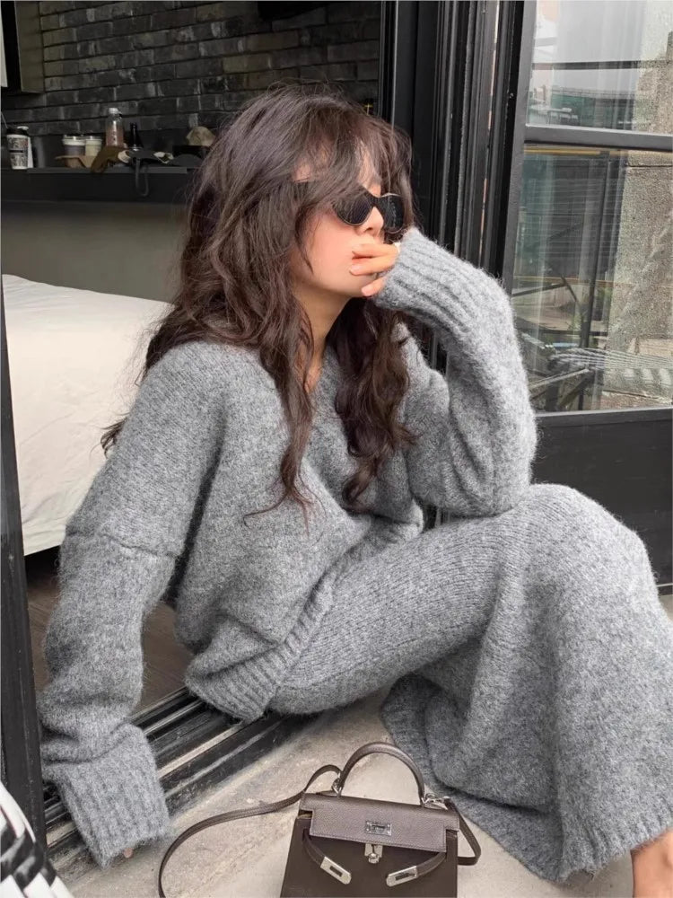 Koreanischer gestrickter 2-teiliger Rock-Set für Damen mit V-Ausschnitt, Pullover, Fischschwanz, Midirock, lässige Mode-Outfits für Herbst und Winter
