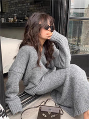 Koreanischer gestrickter 2-teiliger Rock-Set für Damen mit V-Ausschnitt, Pullover, Fischschwanz, Midirock, lässige Mode-Outfits für Herbst und Winter