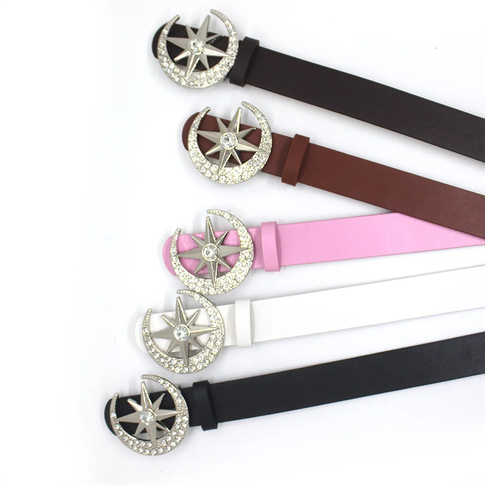 Goth Luxusmarke Neues PU-Leder mit Diamanten eingelegt Sternenmond Knopfkopfgürtel für Damen Jeansrock Punk Y2k Accessoires