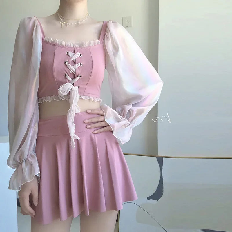 2024 neue Koreanische 2 Stück Badeanzug Frauen Kurzen Rock Net Bikini Band Höhlte Out Bikini Bogen Hohe Taille Bikini Bademode