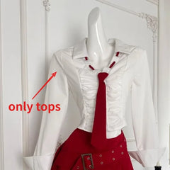 Simple Slim Fit Lapel Neck Long Sleeve White Shirts Women+ Y2k High Waist Ruched Skirts 2024 Early Autum New Two Piece Sets