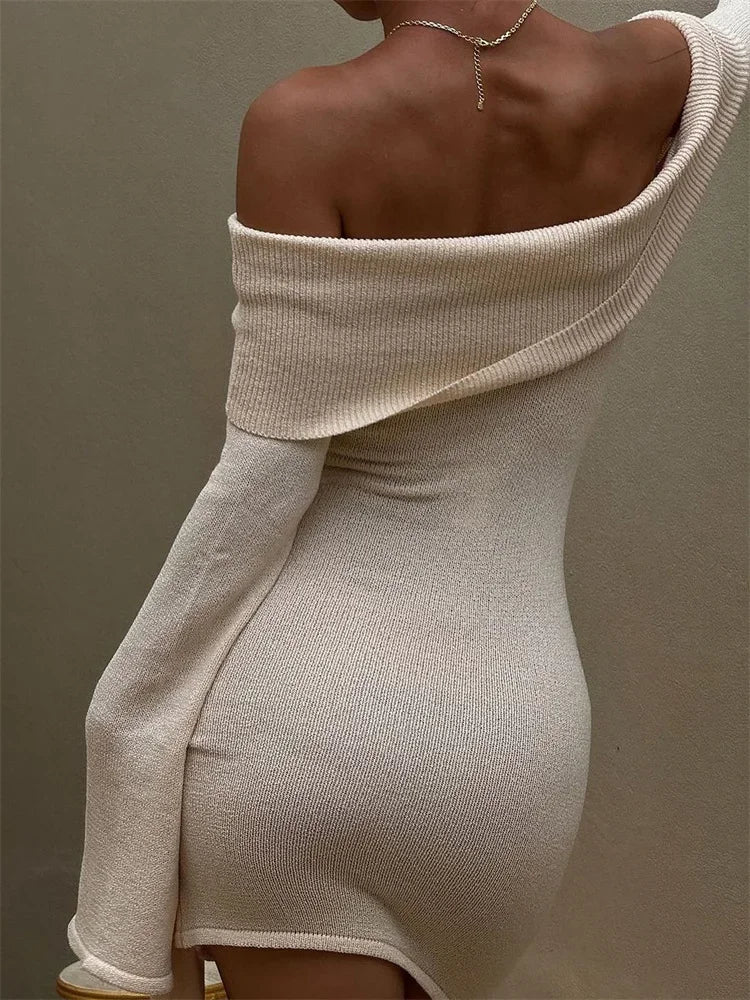 Irregular Lace-Up Knit Mini Dress Female Off-Shoulder Slim Splice Twist Ribbed Sweater Dress Women's Elegant Party Dress