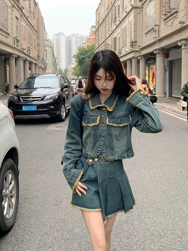 Damen Blaue Jeansjacke Oberbekleidung Einreihig Polokragen Mode Vintage Freizeit Kurzmantel Oberteile Unregelmäßiger Kurzrock Anzug