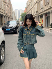 Damen Blaue Jeansjacke Oberbekleidung Einreihig Polokragen Mode Vintage Freizeit Kurzmantel Oberteile Unregelmäßiger Kurzrock Anzug