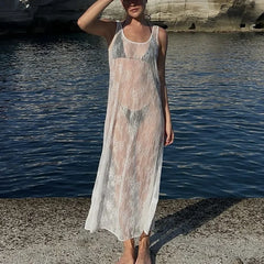 2025 Sring New Hollow Lace Cover Up Dress For Women Holiday Sexy See Through Beach Long Dress Fashion Loose Sleeveless