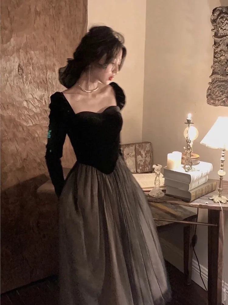 Französische Vintage Abend- und Partykleider für Frauen, Langarm, Samt, Patchwork, Mesh, A-Linie, Herbst, neues Einteiler, Midi, Vestidos Mujer