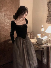 Französische Vintage Abend- und Partykleider für Frauen, Langarm, Samt, Patchwork, Mesh, A-Linie, Herbst, neues Einteiler, Midi, Vestidos Mujer