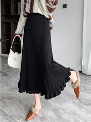 Knitted Long Skirt Women Autumn Winter Casual Warm Pleated Skirts Female Korean Fashion Elegant High Waist A Line Ruffles Skirt